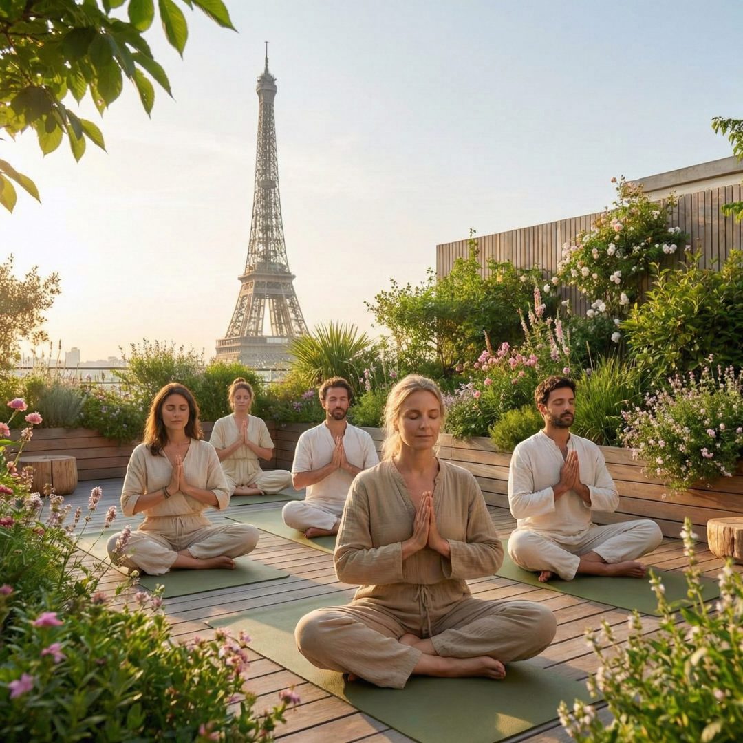 Groupe de personnes méditant en position du lotus sur un toit-terrasse végétalisé avec la Tour Eiffel en arrière-plan à Paris.