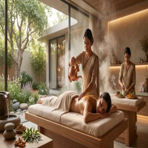Massage ayurvédique traditionnel avec application d'huile chaude par une praticienne dans un spa de bien-être serein à Paris.