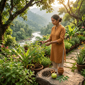 Femme cueillant du basilic sacré tulsi et préparant des remèdes ayurvédiques traditionnels en pleine nature.