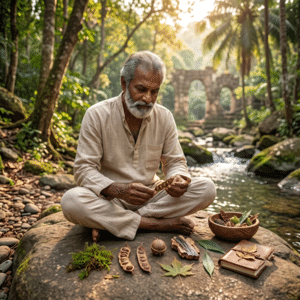 Homme analysant les éléments de la nature près d'une rivière pour identifier son profil dosha Vata, Pitta ou Kapha.