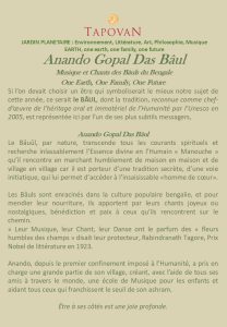 Lire la suite à propos de l’article Concert Anando Gopal Das Bâul – 10 et 15 octobre 2026